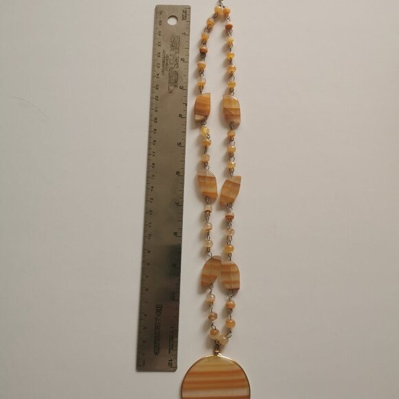 Vintage Sun Pendant Golden Orange Carved Necklace Etched Aztec Sundial Beaded - Picture 10 of 11